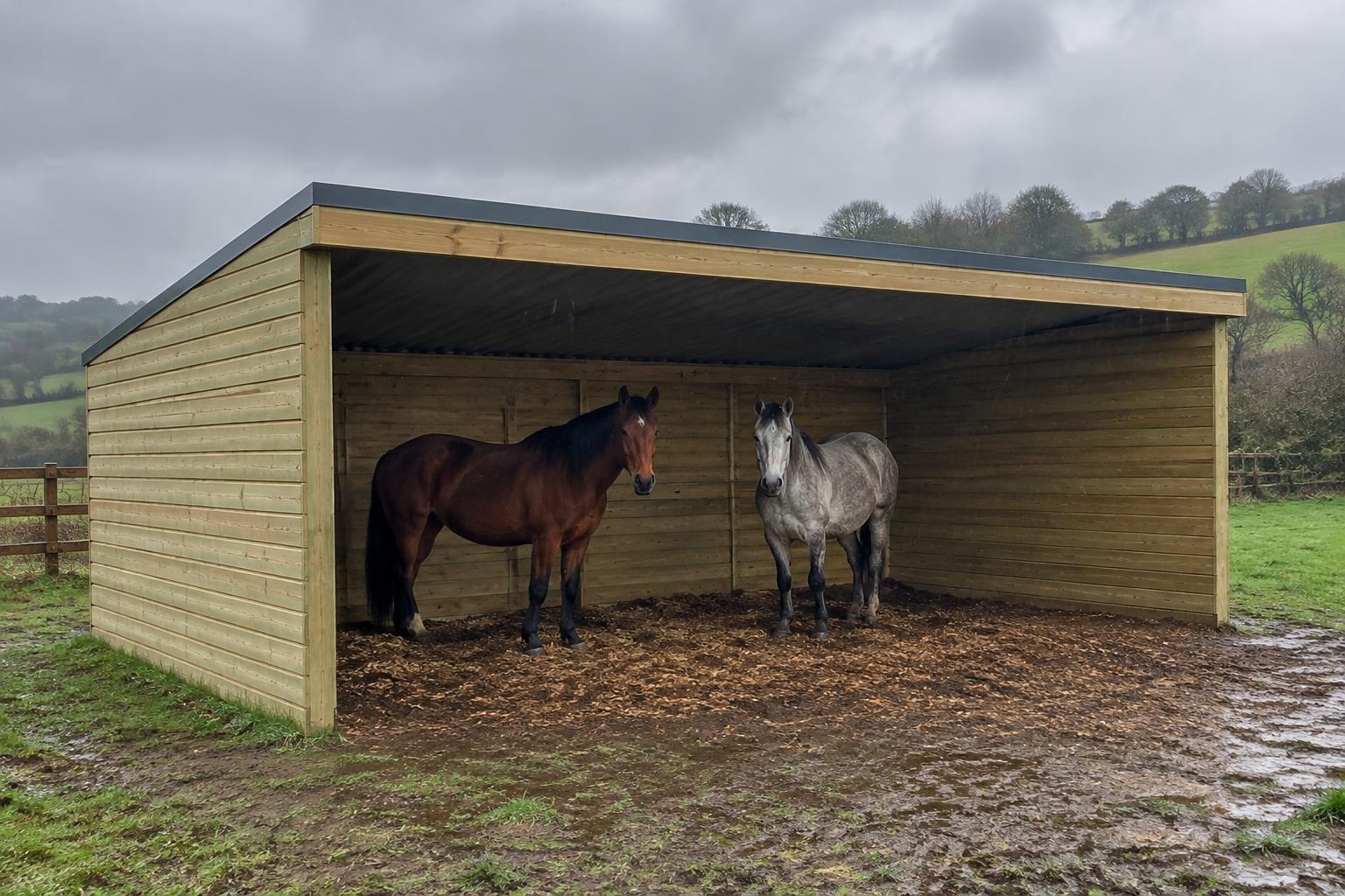 Open-fronted field shelter in a Welsh paddock with two horses inside out of the rain